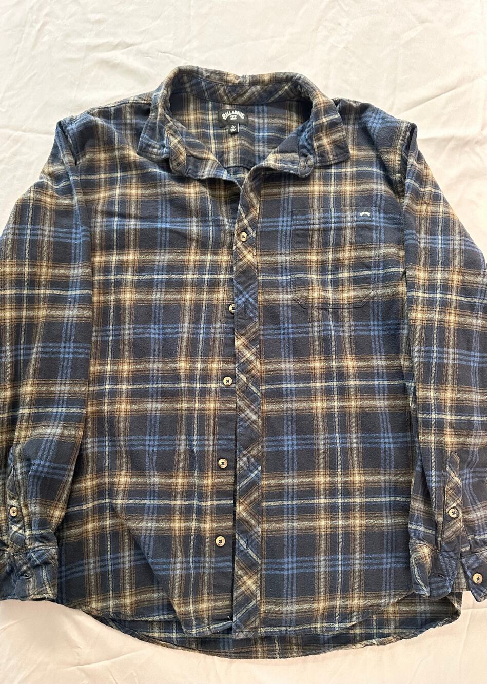 Billabong Men’s Large Plaid Flannel Shirt Navy Blue Brown Long Sleeve Surf